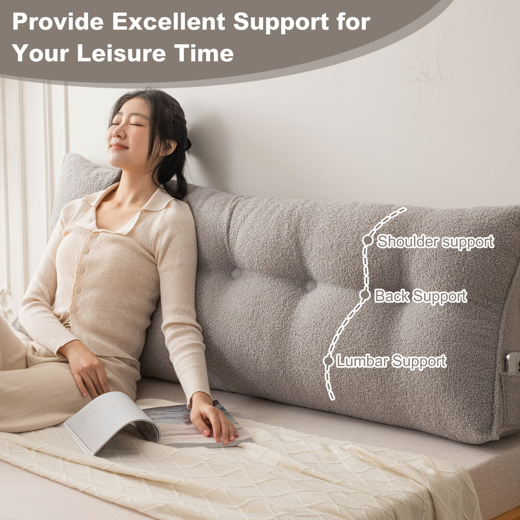 Headboard Reading Pillow, Triangular Teddy Velvet Backrest Cushion with Side Pocket and Removable Washable Cover for Twin, Queen and King Beds