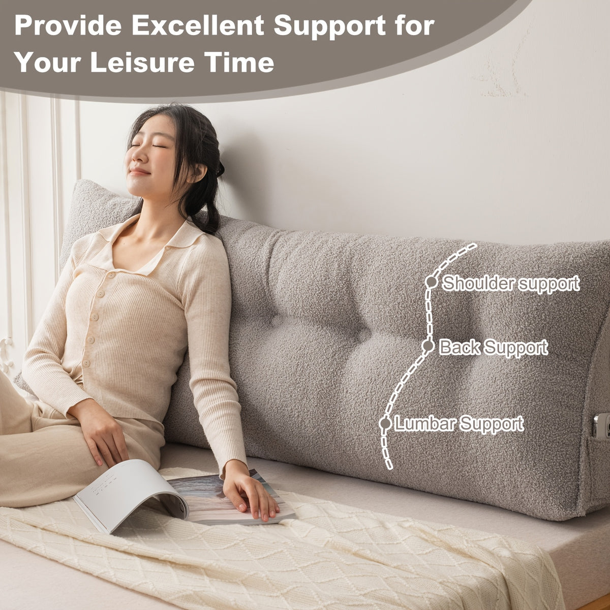 Headboard Reading Pillow, Triangular Teddy Velvet Backrest Cushion with Side Pocket and Removable Washable Cover for Twin, Queen and King Beds