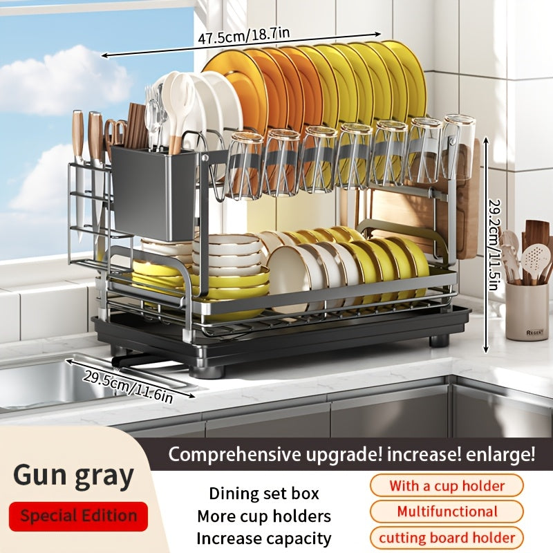 Dish Drainer Rack with Cutting Board Holder, Two-Tier Metal Countertop Organizer with Cup Rack, Cutlery Storage and Draining Tray