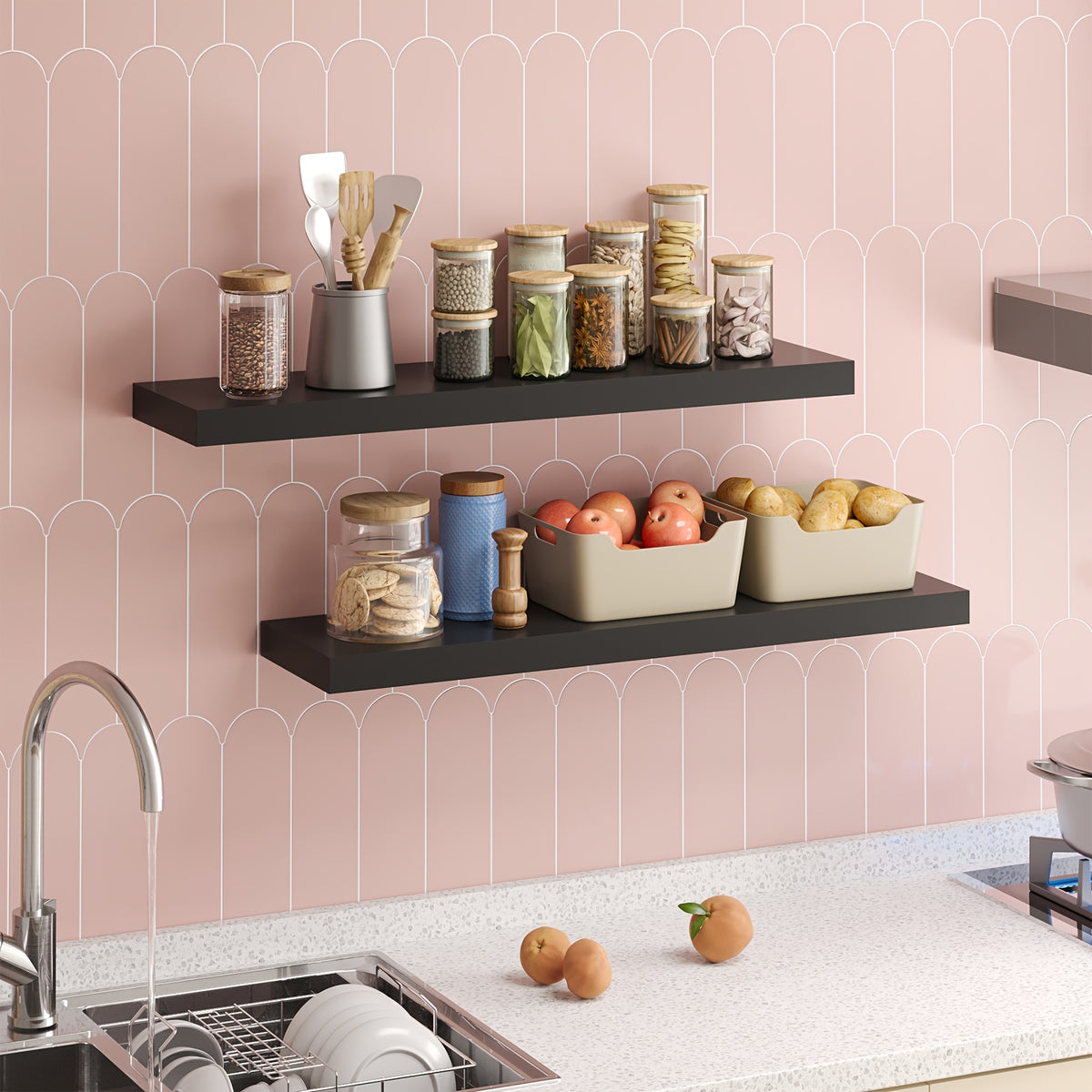 TOMNK 2/4/6pcs Set Floating Shelves, 15.7-inch/19.7-inch/22-inch Wooden Wall-Mounted Shelves, Suitable for Home Decor in Living Rooms and Kitchens, Strong Load-Bearing Capacity, Can Be Installed in Bathrooms, Bedrooms, Living Rooms, or Kitchens