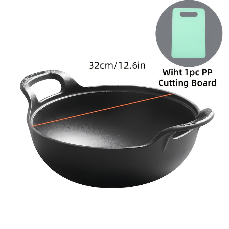 5 Sizes Cast Iron Wok, 7.87/ 9.84/ 10.62/ 11.81/ 12.59in Heavy-Duty Cast Iron Skillet, Traditional Uncoated Deep Stir-Fry Pan, Multi-functional Kitchen Cookware, Durable Cooking Pot with Dual Handles, Grilling Steaks & Baking, Ideal for Home, Outdoor