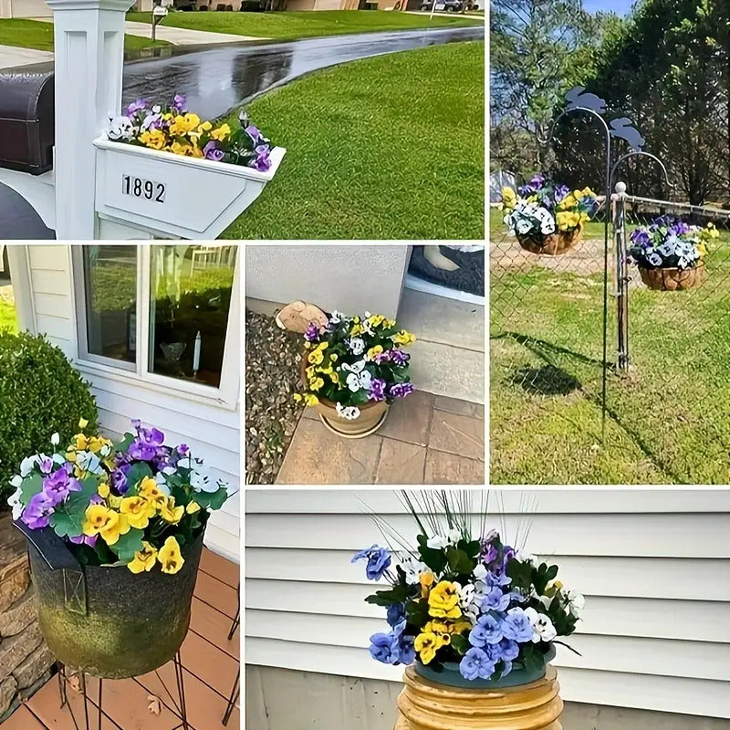 Artificial Pansy Flowers, 6-Bunch Yellow Purple and White Plastic Floral Set for Indoor Outdoor Home and Garden Decor, Low-Maintenance Arrangements