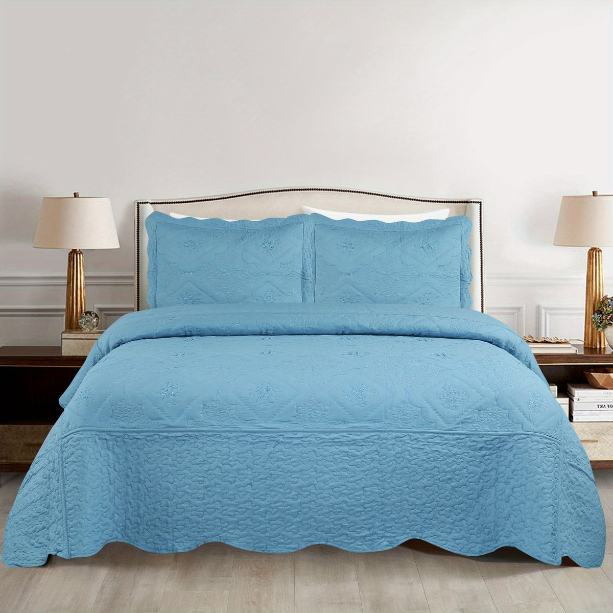 3pcs Exquisitely Crafted King/ Queen Size Quilted Bedspread Set with Intricate Floral Embroidery - 100% Polyester, Wrinkle - Resistant, Lightweight, Perfect for Adding A Touch of Elegance To Your Bedroom Decor
