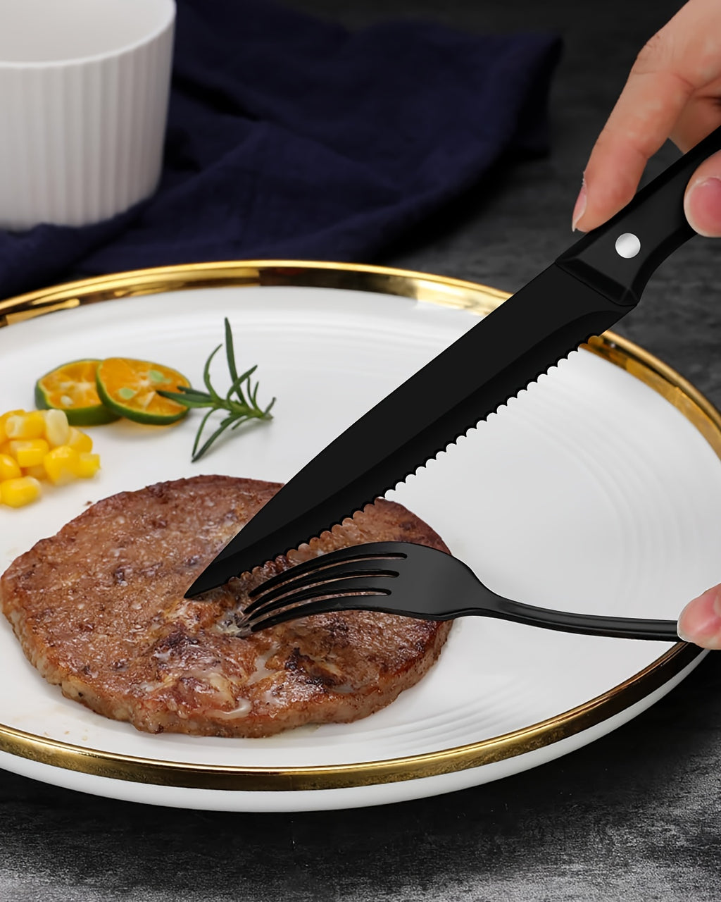 24/48pcs Black Silverware Set With Steak Knives Service For 4/8, Christmas Stainless Steel Flatware Set, Mirror Polished Kitchen Accessories, Home Kitchen Party Eating Tableware Set, Include Fork Knife Spoon Set, Dishwasher Safe (Silver, Black)