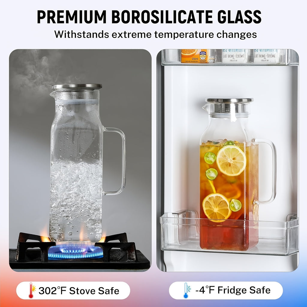 1 Pack/2 Pack 68oz Square Glass Pitcher with Lid And Handle for Fridge, Iced Tea And Coffee Carafe Beverage Serveware, Heat Resistant Borosilicate Water Jug for Hot/Cold Drinks And Milk, 304 Stainless Steel Lid