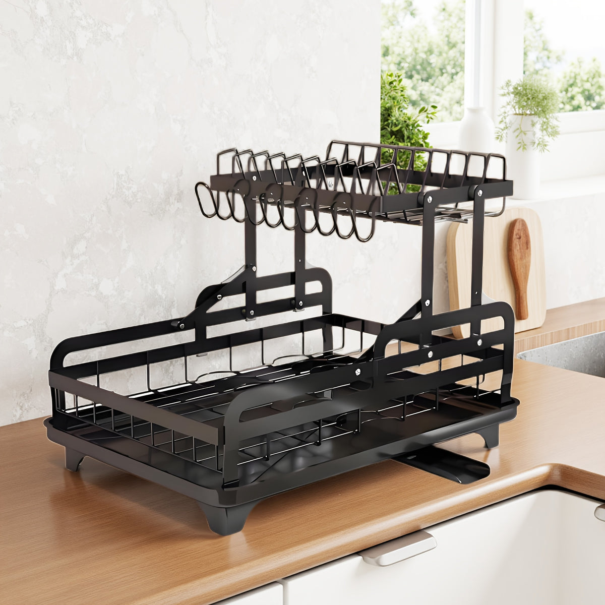 [Large Dish Drying Rack] 1pc Large 2-Tier Carbon Steel Dish Drying Rack with Drainboard, Glass & Utensil Holders, And Extra Drying Mat - Rust-Resistant Metal Dish Drainer for Kitchen Countertop, Black