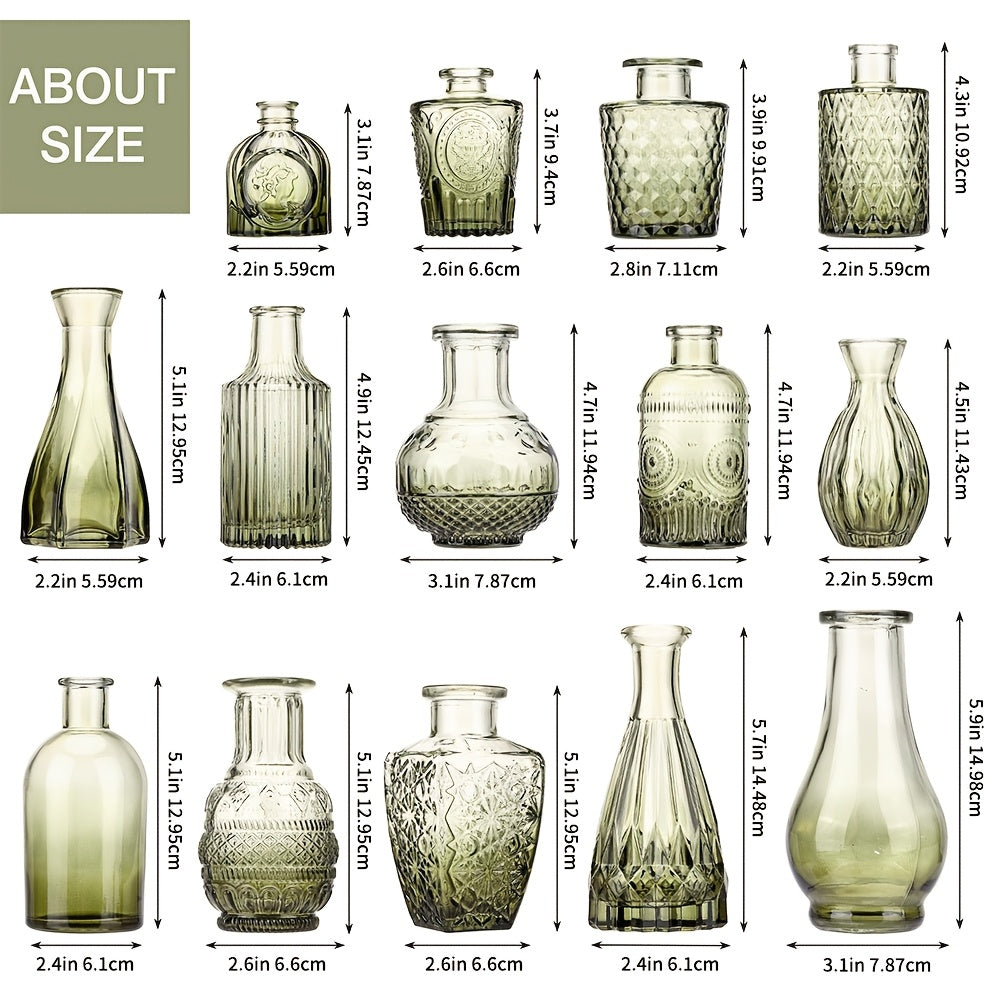 TOMNK 12pcs Glass Bud Vase Set in Bulk, Gradual Muti Colours Relief Vase for Centerpieces, Mini Vintage Glass Flower Vases for Wedding Home Table Party Decor