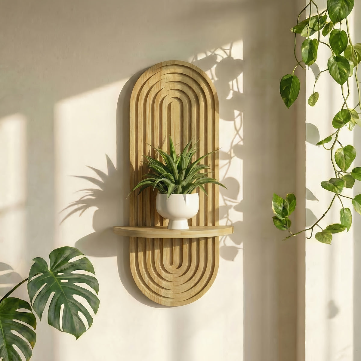 Plant Shelf Mid-Century Modern 1-2 Tier 15In Brown Wood Floating Shelves Wall Planter Holder & Boho Decor Hanging