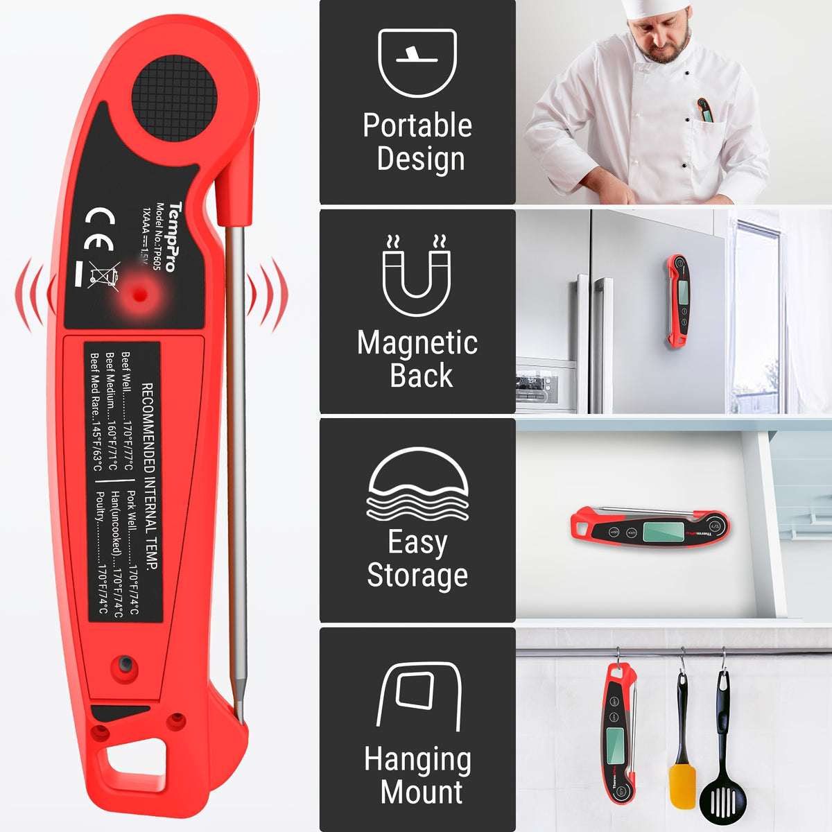 Digital Meat Thermometer with Motion & Instant Readings - Hygienic - Operation, Suitable for BBQ Grill Smoker Thermometer, Candy Thermometer for Kitchen Thermometer, Disposable Food Thermometer for Cooking (No Hydration Step)