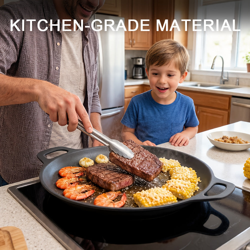 Nonstick Grill Pan with Oill Brush, Griddle Pan with Oil Drain Groove Even Heating, for Grilling And Sauce Locking- Pizza, Eggs, Grilling, Crepes, Easy Clean, Portable Frying Pan for Camping Cookware, Family Gatherings & Restaurant Use