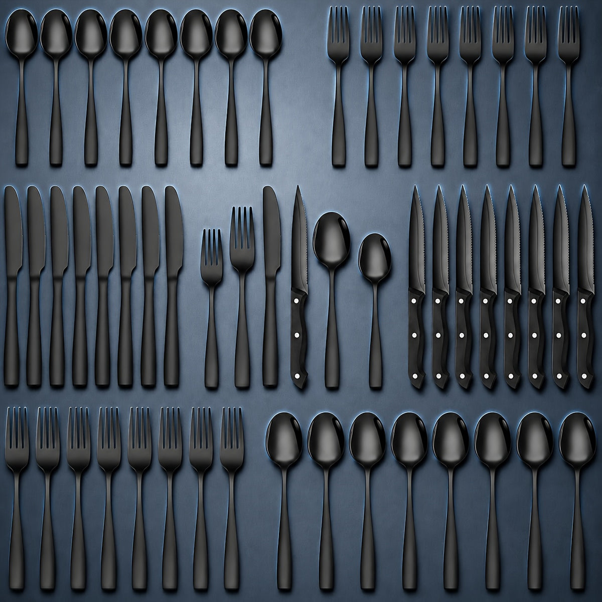 48pcs Black Silverware Set with Steak Knives Service for 8, Stainless Steel Flatware Set, Mirror Polished Kitchen Additions, Home Kitchen Party Eating Tableware Set, Includes Fork Knife Spoon Set, Dishwasher Safe