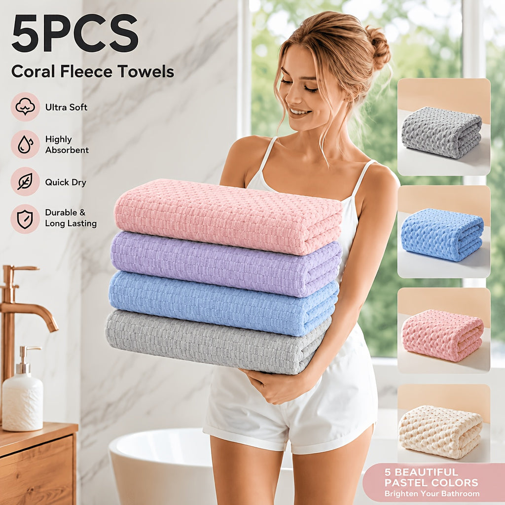 [5pcs Coral Fleece Towels] 5pcs Coral Fleece Bath Towel Set, 4 Soft Absorbent Bath Towels 27" X 55" with Hair Drying Cap, Quick Dry Plush Towels with Hanging Loop for Bathroom, Shower, Home