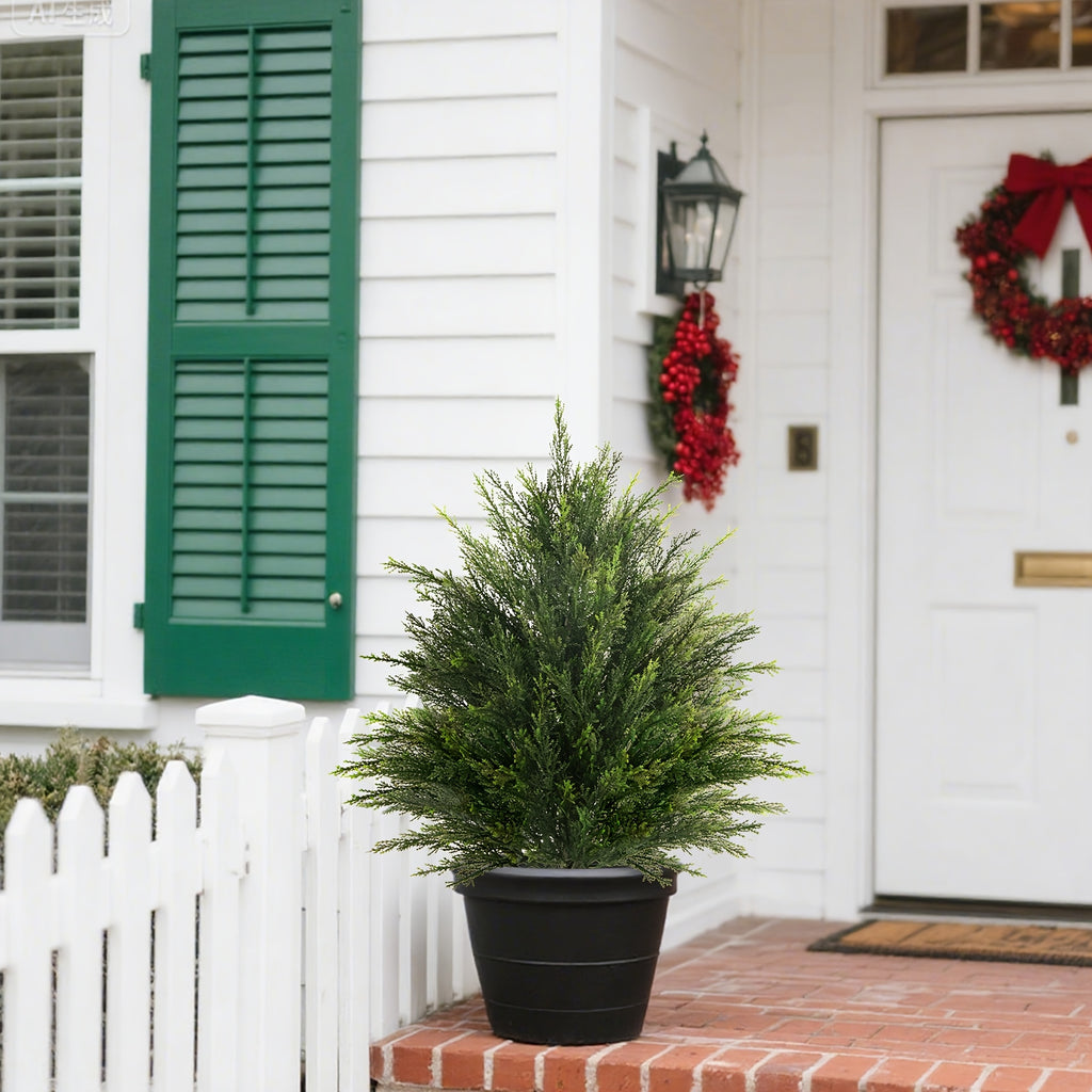 2 Sets Artificial Cedar Topiary Ball Trees with Ground Spike, UV Resistant Fake Cypress Evergreen Shrub Bushes, Faux Ball Plant for Indoor Outdoor Front Porch Yard Garden Home Decor