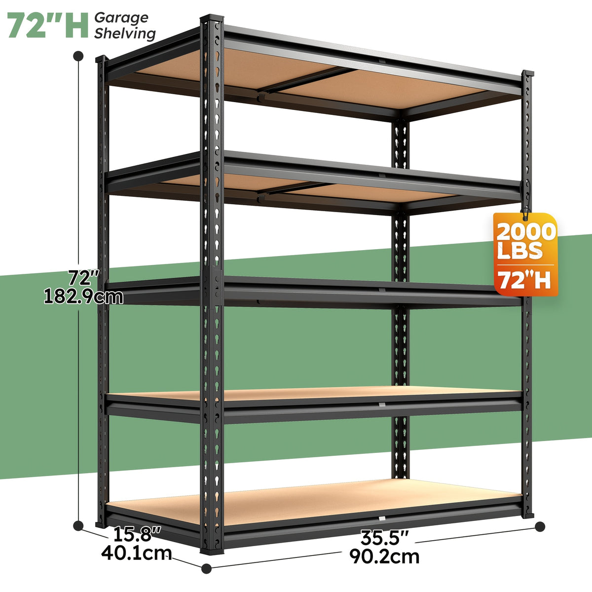72''H Storage Shelves Heavy Duty Shelving 2000LBS Garage Shelving 5 Tier Metal Shelves for Garage Shelves 35.5"W X72"H X 15.8"D, Adjustable Shelving Unit for Basement Pantry Utility Rack Shelf, Kitchen Standing Rack/ Kitchen Standing Baker's Rack