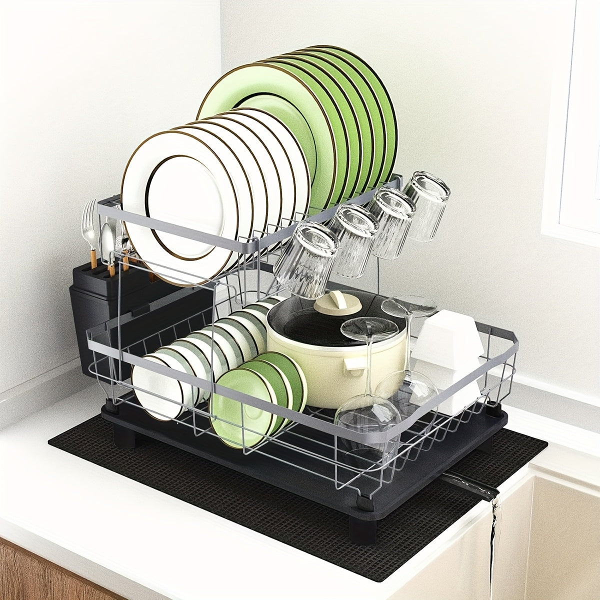 Dish Drying Rack, 2 Tier Dish Racks for Kitchen Counter, Large Stainless Steel Kitchen Dish Drying Rack, Detachable Large Capacity Dish Drainer Organizer with Utensil Holder, Drain Board