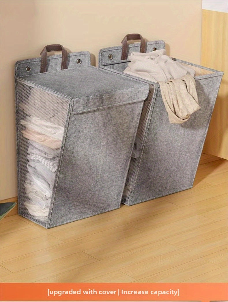 Wall Mounted Laundry Hamper with Lid, Foldable Gray Oxford Cloth Basket for Space Saving Clothes and Toy Storage in Bedrooms, Bathrooms and Living Rooms