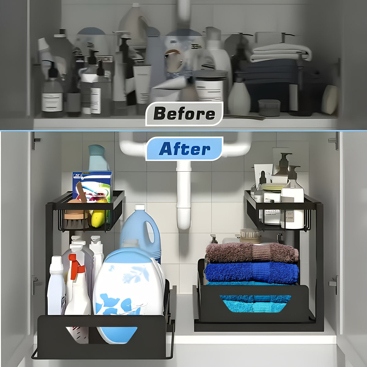 2Pack-2-Tier Slide-Out Under Sink Organizer -Pull-Out Cabinet Shelf with Adjustable Compartments, Featuring a Sliding Pull-Out Shelf Made of Metal, Ideal for Organizing Kitchen, Bathroom, Pantry, Or Closet Spaces