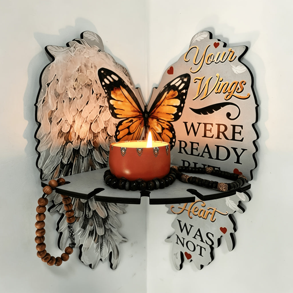 Angel Wing Memorial Corner Shelf, Light Grey Wooden Wall Display with Remembrance Quote and Butterfly Design for Keepsakes, Crystals and Home Decor
