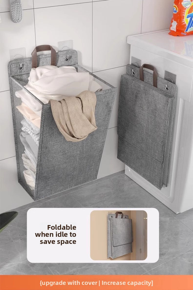Wall Mounted Laundry Hamper with Lid, Foldable Gray Oxford Cloth Basket for Space Saving Clothes and Toy Storage in Bedrooms, Bathrooms and Living Rooms