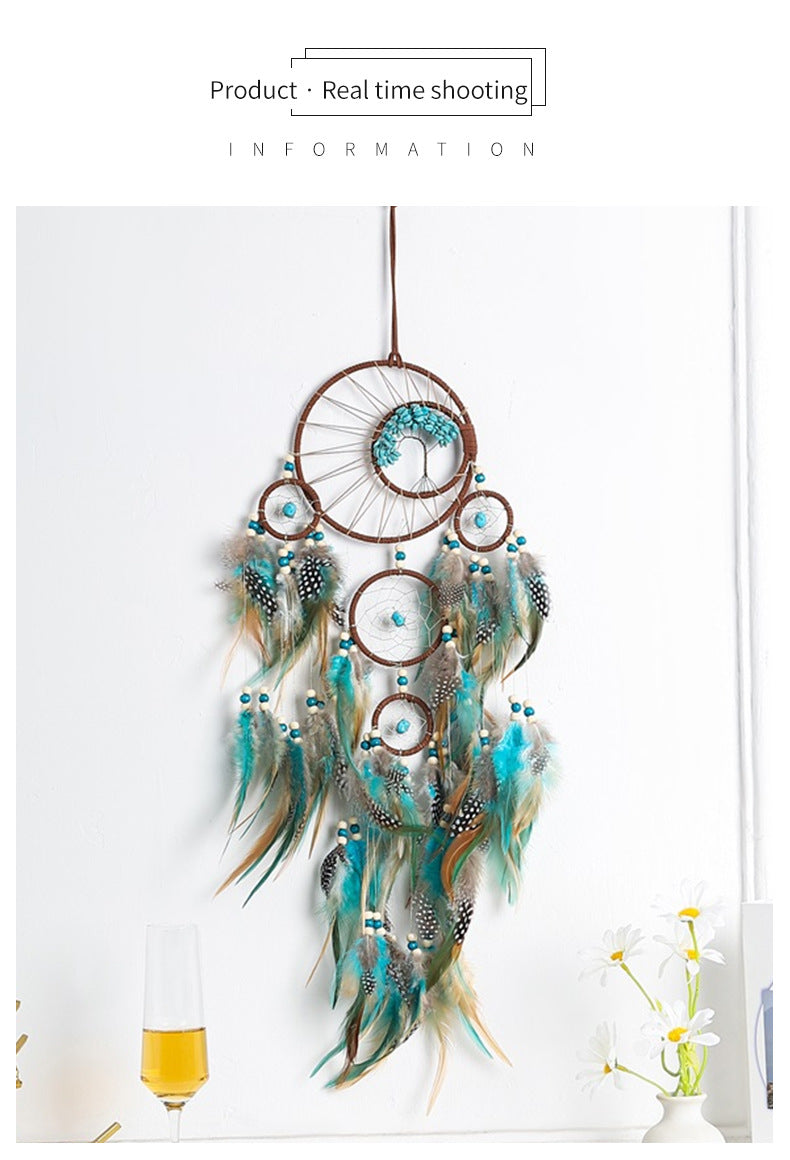Bohemian Dream Catcher Pendant with Feathers - Natural Elements Door Hanging Decor for Bedroom, No Electricity Needed, Unique Birthday Gift for Girls & Women