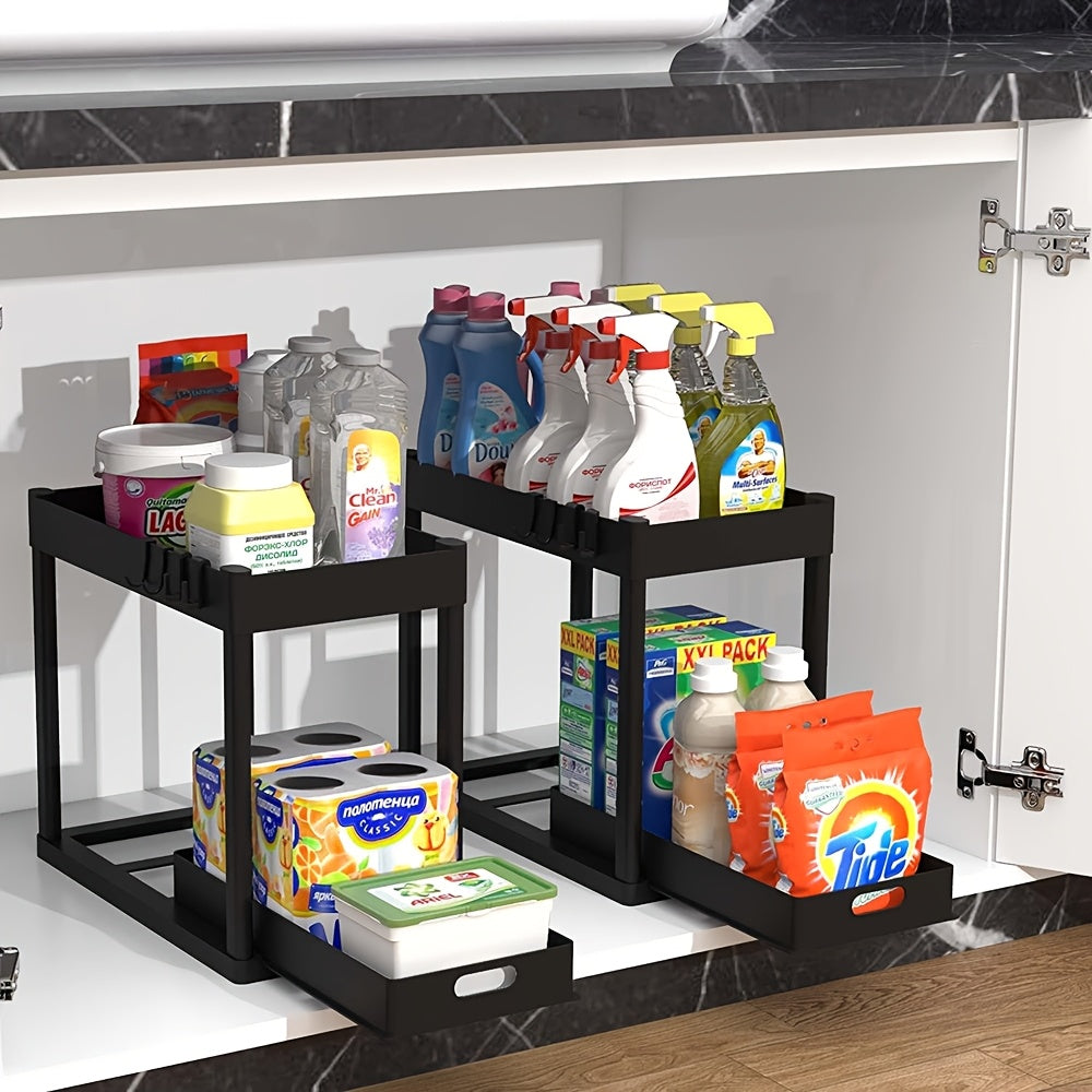 Set of 2 Under-Sink Organizers, Bathroom Cabinet Storage Solution, Dual-Tier Sliding Basket Drawers, Versatile Bath Collection Baskets for Under-Counter Storage with 8 Hooks