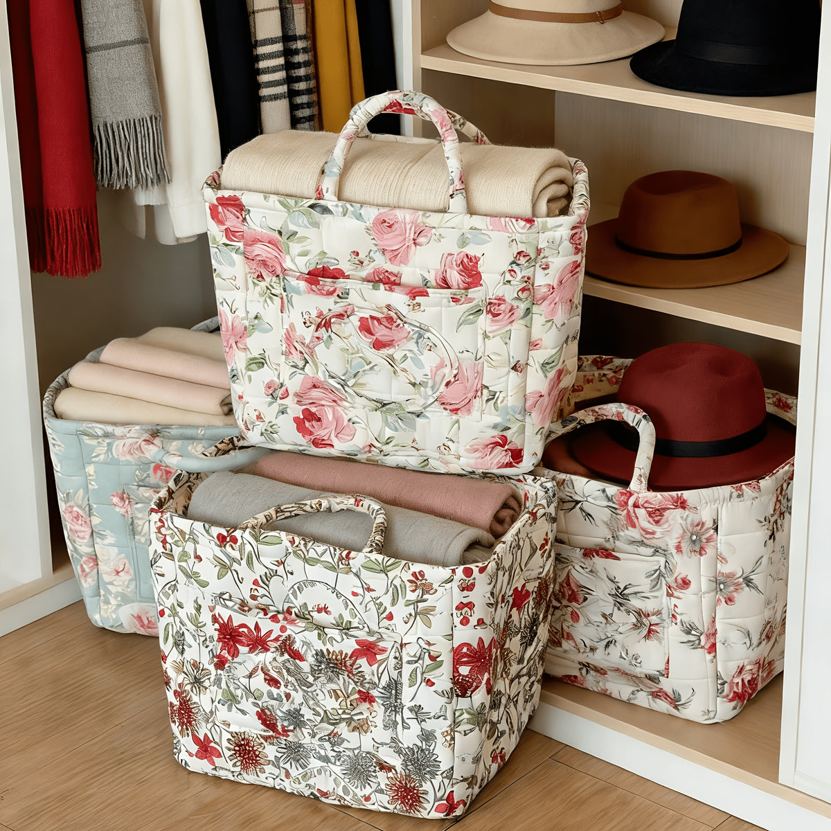 Large Floral Series [Storage Basket] Vintage Quilted Floral Portable Large-Capacity Home Storage Basket Suitable for Various Scenarios, Shelf Baskets