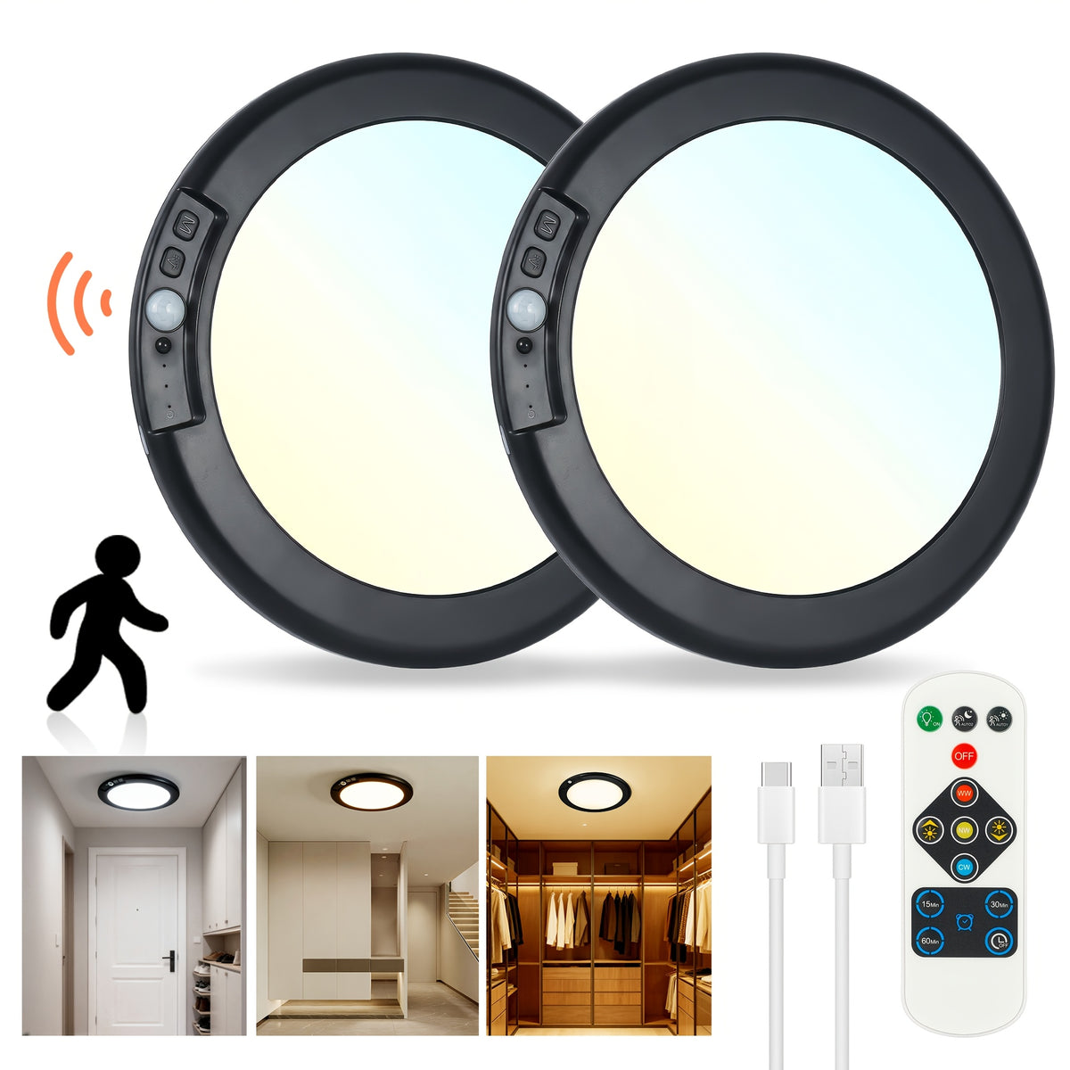 8/6/4/2/1Pack Rechargeable LED Ceiling Light with Motion Sensor, 3 Lighting Options, 10 Brightness Levels Battery Operated Closet Lights, Remote Control Dimmable Timing Motion Shower Lights for Living Bathroom Pantry Hallway Porch(3000K/4500K/6500K)