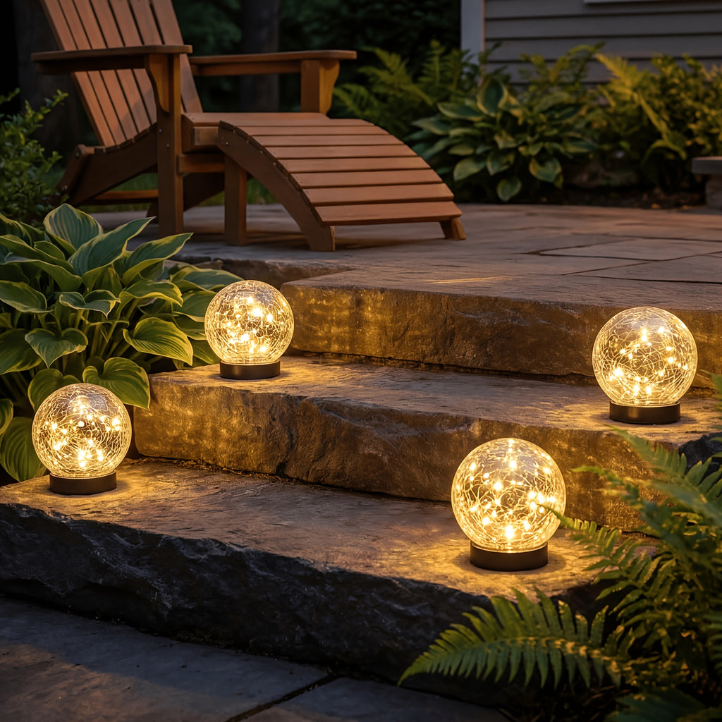Solar Globe Lights Outdoor, 4-Pack Crackle Glass Garden Spheres with Auto On and Off, 800mAh Battery and LED Lighting for Patios and Holiday Decor