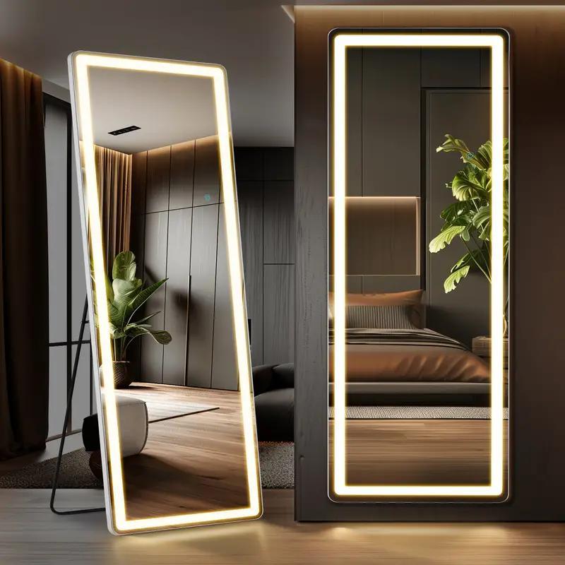 Smart LED Touch Sensor Full-Length Mirror - Adjustable Brightness, Wall-Mount & Freestanding Design with Slim Modern Frame - Ideal for Vanity, Bedroom, Or Dressing Room Lighting