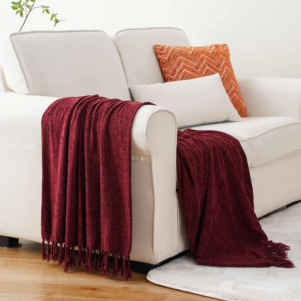 Decorative Fringe Velvety Throw Blanket for Sofa Home Decor, Chenille Throw Blanket for Couch, 50"x60"