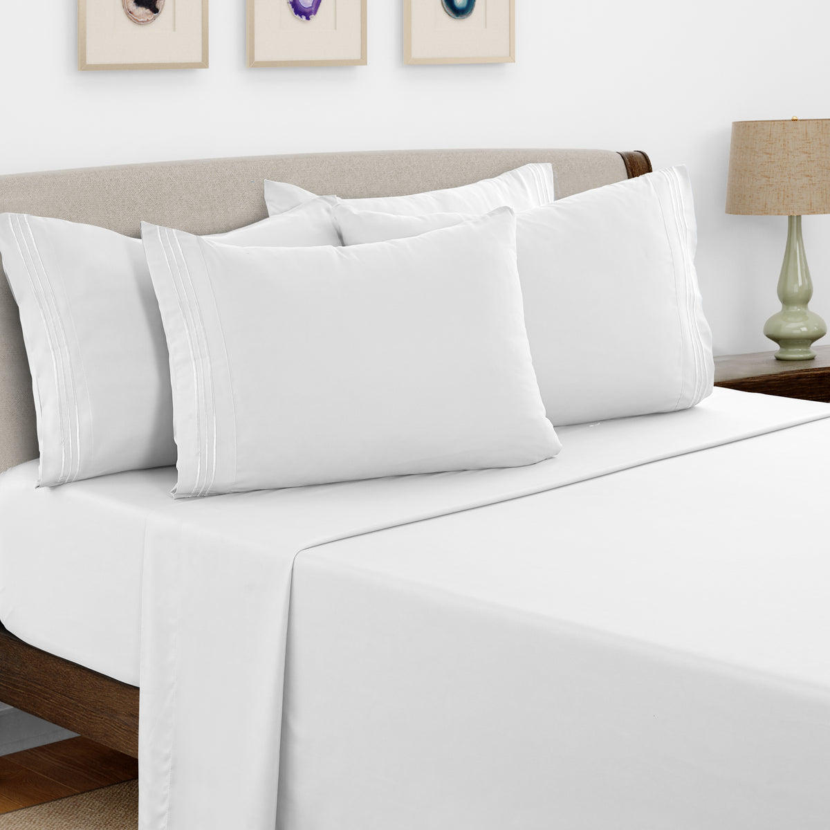 Lux Decor 6 Pieces Solid Bed Sheets Set - Modern Soft Comfortable Bedding Set, Hotel Luxury Skin Friendly Cooling Sheets & Embroidered Pillowcases Without Filler - All Seasons Bed Sheet with 16 Inches deep Pocket, Breathable Skin Friendly & Cooling Sheets