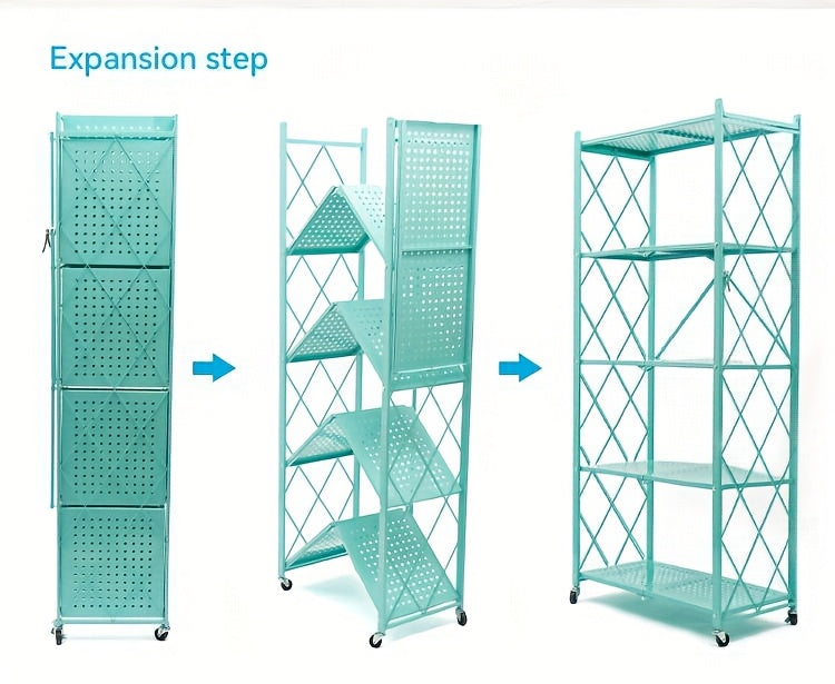 3/4/5-Tier Portable Multifunctional Storage Rack, Floor-Standing Storage Rack with Lockable Wheels, Space-Saving, No Assembly, Foldable Storage Shelf with Durable Carbon Steel Frame for Bedroom, Balcony, Garden, Standing Shelf