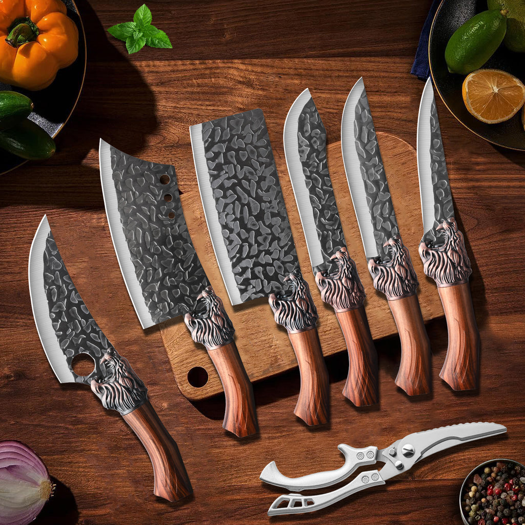 7pcs Chef Knife Set, Hand Forged Damascus Style Blade with Brown Wood Handle, V-shaped Sharp Blade, Suitable for Meat, Fish, Vegetables, Fruits, Professional Kitchen Knives, Suitable for Home Chefs And Chefs (ideal Gift) - Ergonomic Grip