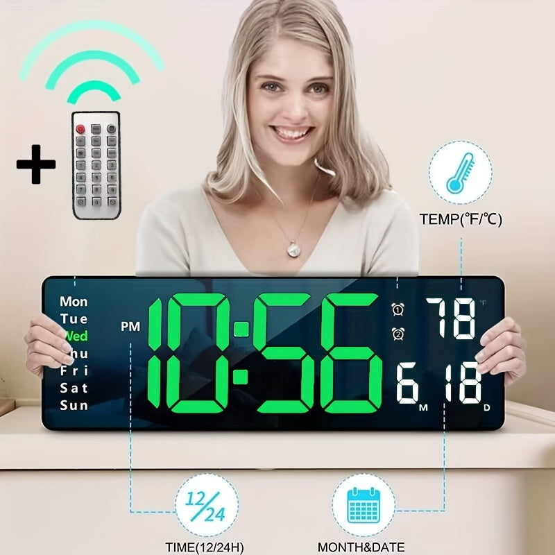 1pc 16inch Smart Digital Wall Clock - Large Color LED Display, Auto 10-Level Brightness, 12/ 24H Time, Temperature/ Humidity Monitor, Dual Alarm with Snooze, USB Powered, Perfect for Living Room/ Office/ Bedroom(Includes Remote Control)