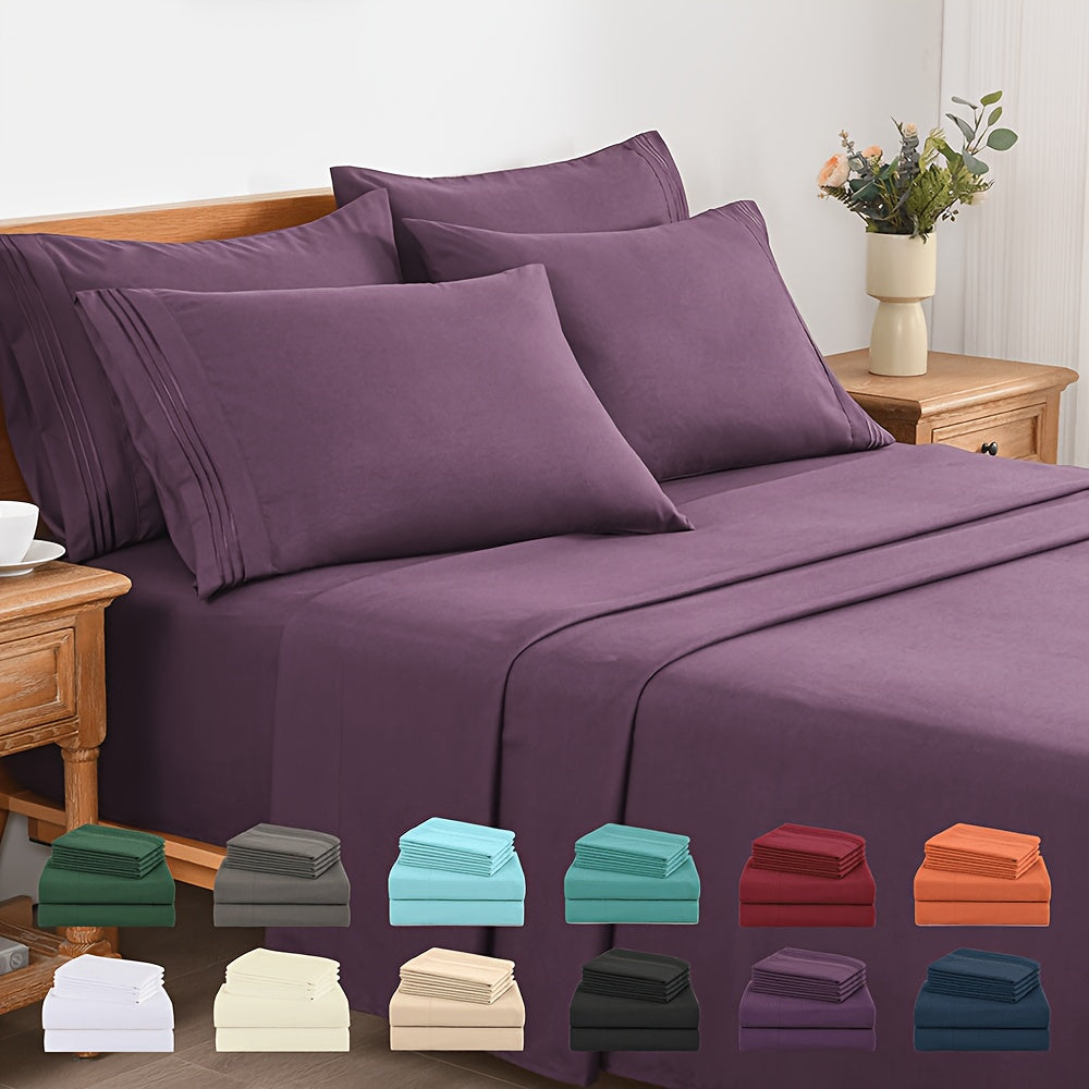 6pcs Summer Cooling Bed Sheet Set, 18 Inch Deep Pocket Ultra Soft Breathable Polyester Solid Color Bedding Three Embroidery 100 GSM Anti Fading Wear Resistant Wrinkle Free Easy Care Bedroom Home Decor