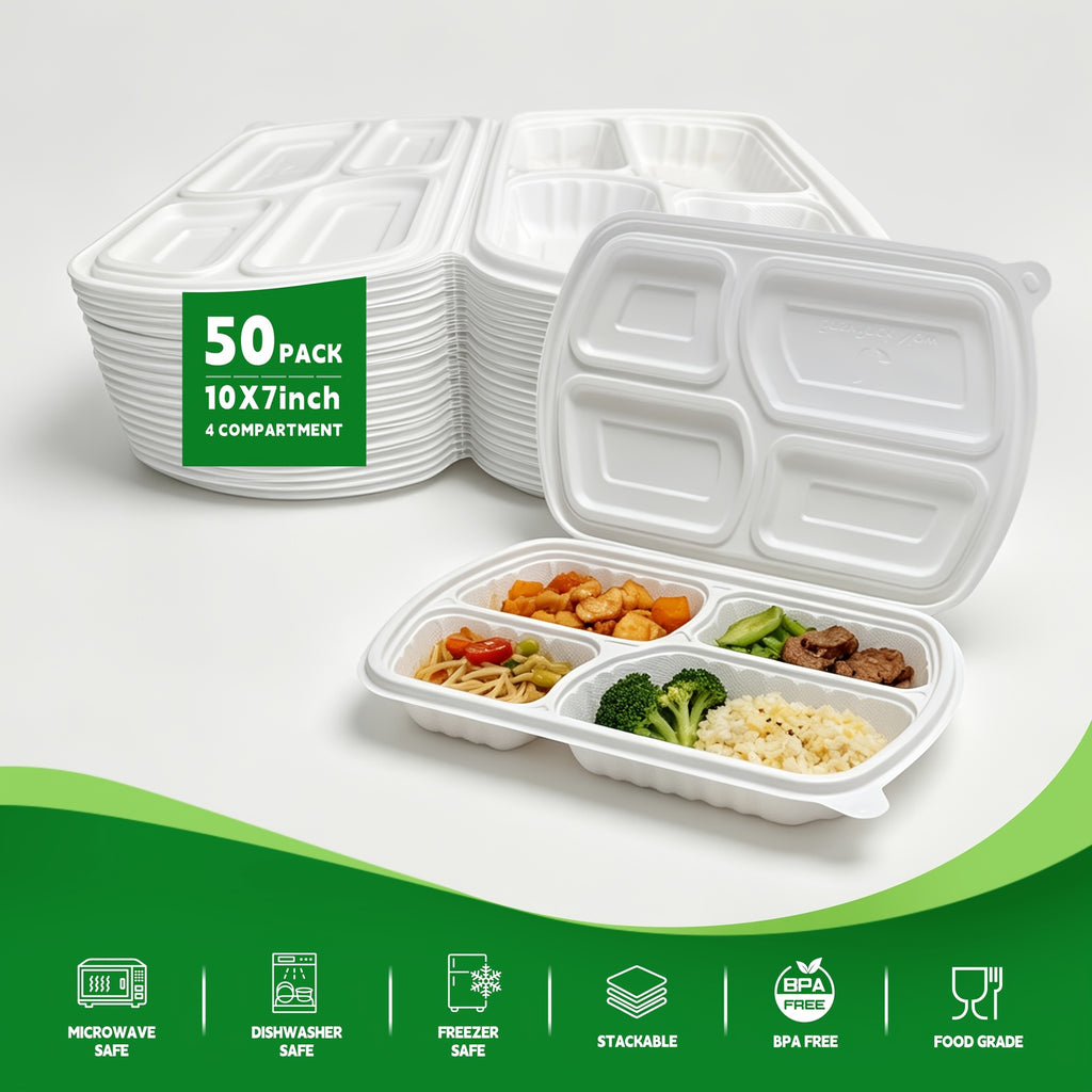 50-Pack 4-Compartment White Clamshell Meal Prep Containers, Disposable Bento Box, Food Storage Container, Bpa-Free, Stackable, Portion Control, Freezer/Microwave Safe, Great for Labor Day, Picnics, Parties & Outdoor Events, Local Warehouse