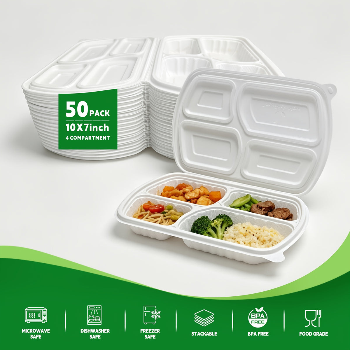 50-Pack 4-Compartment White Clamshell Meal Prep Containers, Disposable Bento Box, Food Storage Container, Bpa-Free, Stackable, Portion Control, Freezer/Microwave Safe, Great for Labor Day, Picnics, Parties & Outdoor Events, Local Warehouse