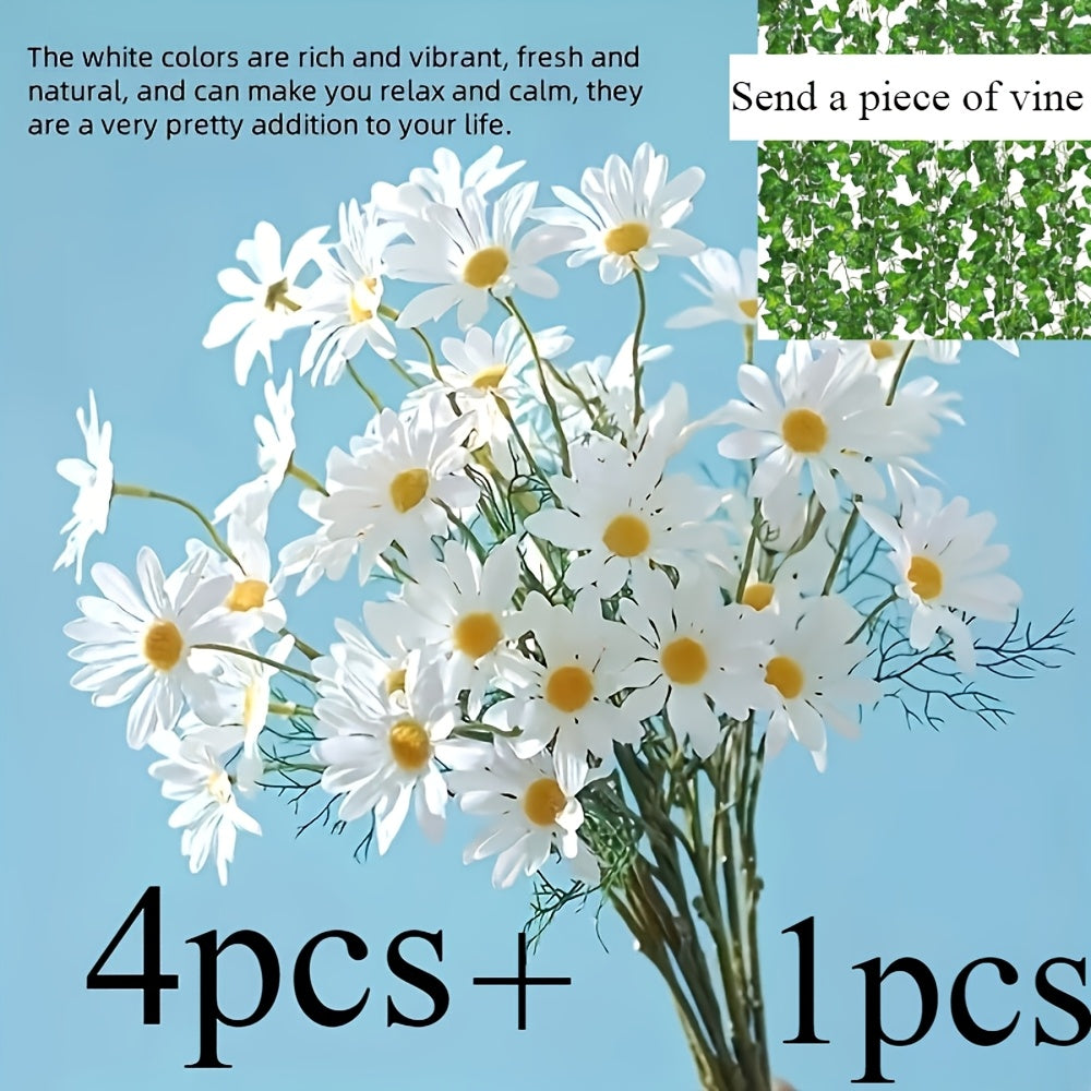 4 Bundles Classic White Artificial Daisy Flowers - UV-Resistant, 20-Inch Plastic Floral Decor For Home, Courtyard, Vases | Ideal For Easter, Holidays(Send An Extra Vine Strip)