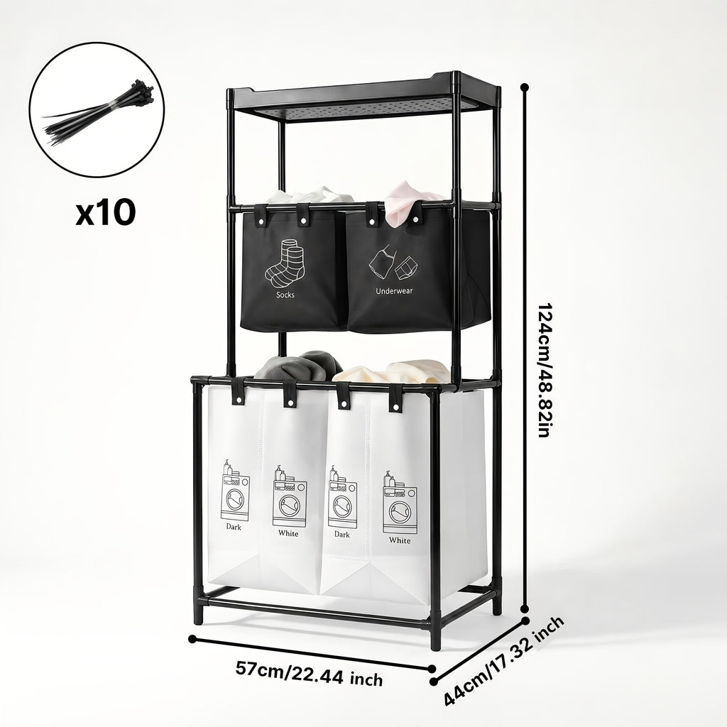 2 Compartment Laundry Hamper (No Wheels) - 2 Tier Laundry Sorter With Handles - Sturdy Metal Frame & Breathable Mesh Bags - Space Saving Clothes Organizer For Home, Apartment, Add 10 Cable Ties For Securing, Dirty Laundry Basket, Laundry Baskets