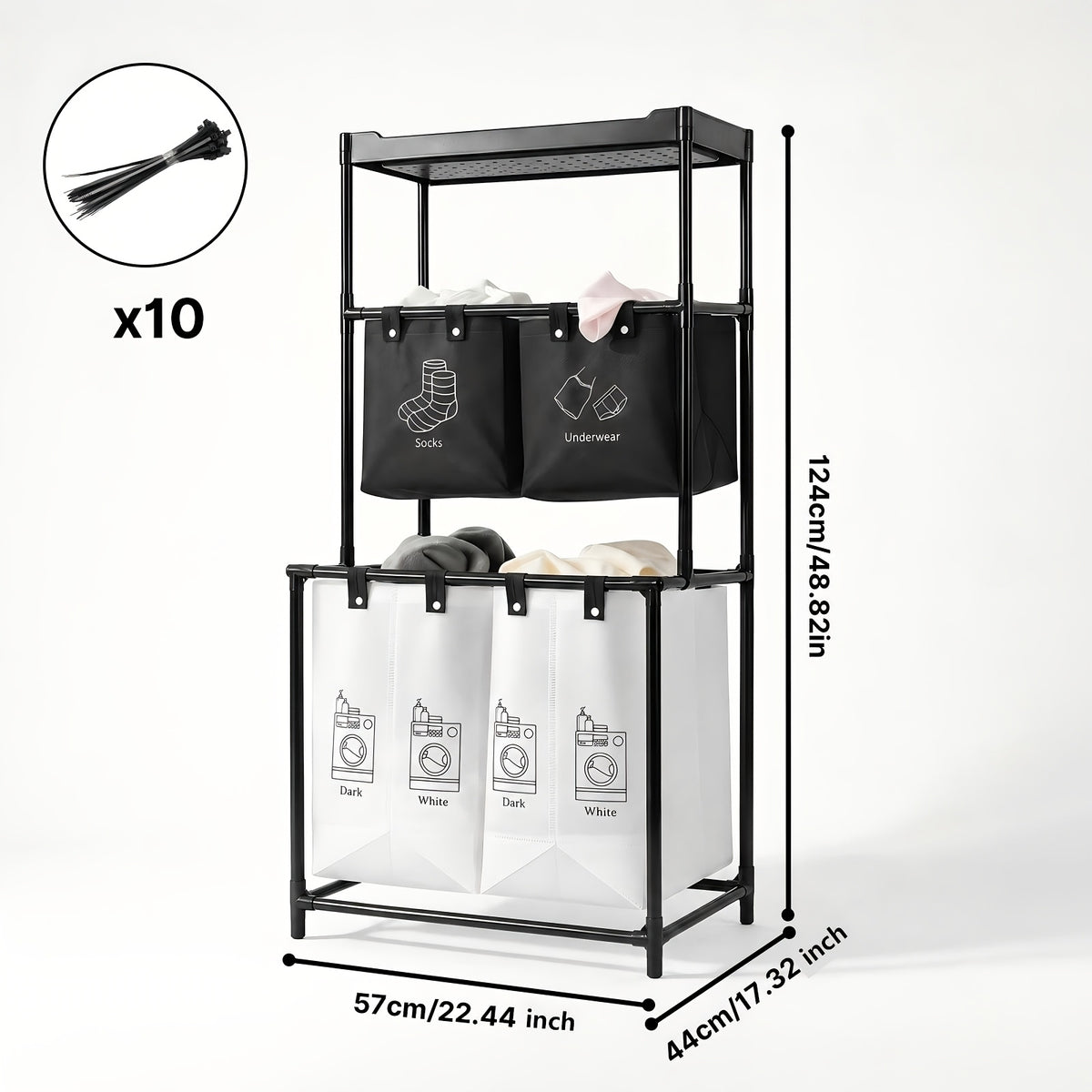 2 Compartment Laundry Hamper (No Wheels) - 2 Tier Laundry Sorter With Handles - Sturdy Metal Frame & Breathable Mesh Bags - Space Saving Clothes Organizer For Home, Apartment, Add 10 Cable Ties For Securing, Dirty Laundry Basket, Laundry Baskets