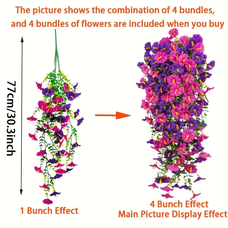 4 Bundles Artificial Flowers, Outdoors Decoration, Hanging Morning Glory, Colorful Outdoor Artificial Flowers UV Resistant Fake Flowers Greenery Shrubs Plants for Front Porch Window Box Hanging Garden Home, for Thanksgiving, Christmas, Mother'S Day