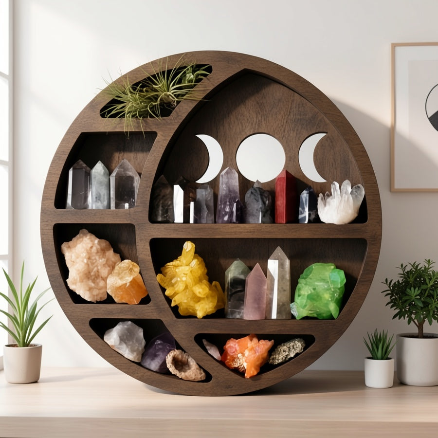 Crystal Wooden Shelf Moon Crystal Display Shelf Floating Shelf Shelf For Crystal Crescent Moon Shelf Round&Moon