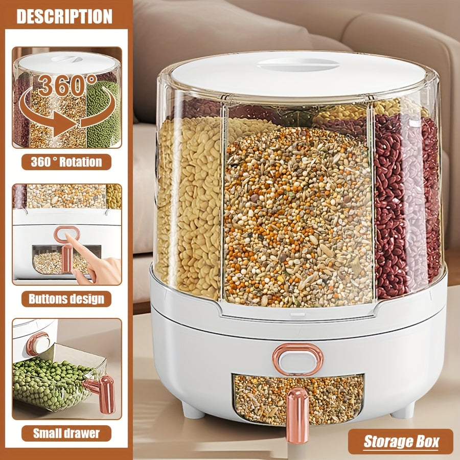 Rotating for rice Bucket | 6-Grid Cereal Dispenser, Large Capacity for rice Bucket | Airtight Dispenser with a Transparent Window, Features Moisture-Proof And Insect-Proof Design, Suitable for Rice, Cereals