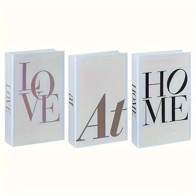 Typography Decorative Book Set, 3 Nordic Faux Books with HOME LOVE and at Lettering for Coffee Table Styling, Living Room Shelves and Office Decor