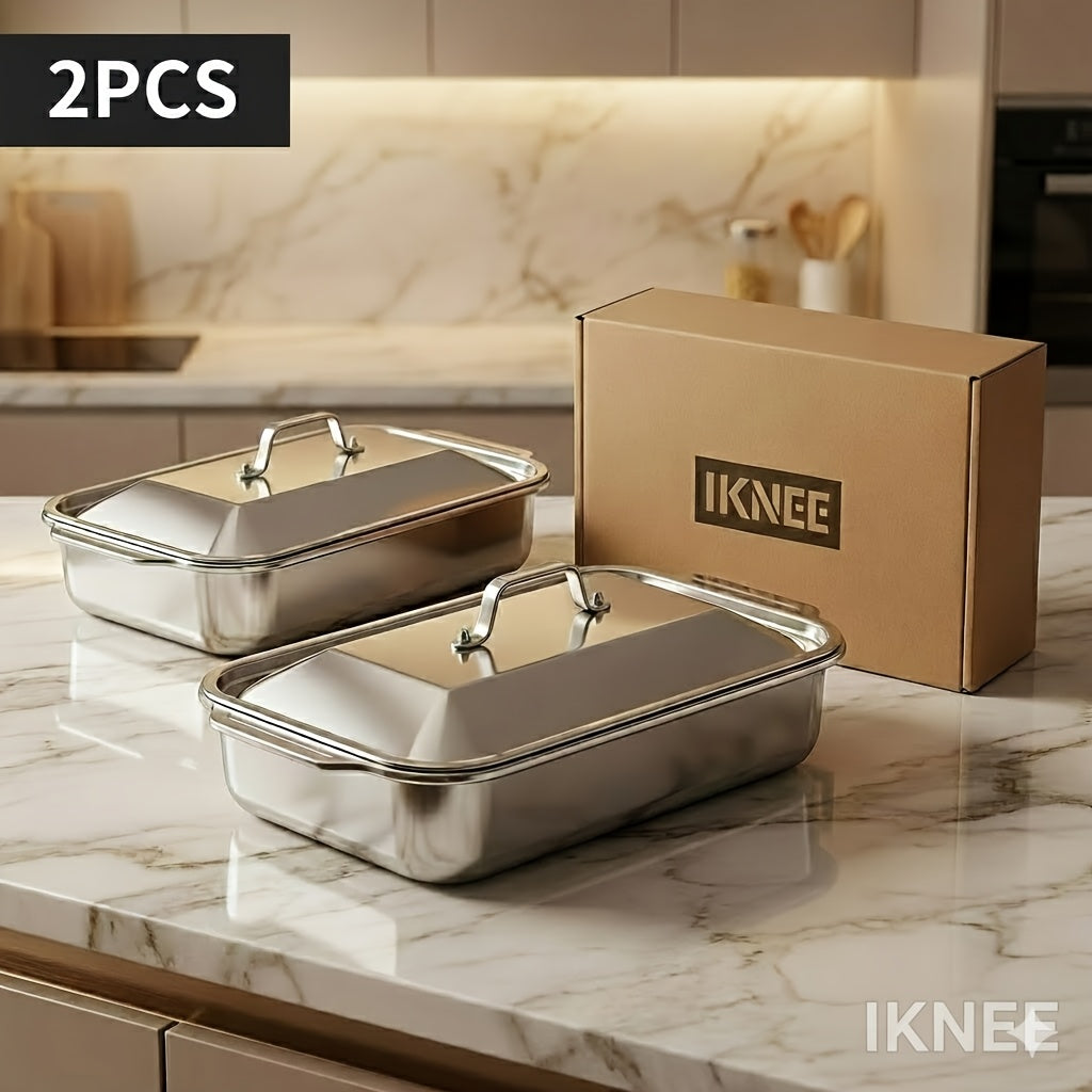 2pcs Stainless Steel Rectangular Baking Pans with Steel Lids - 6-liter Large Capacity, 16.14-inch Deep Baking Pan, Fish Pan, Grill Pan, Lasagna Pan, Chicken, Dishwasher Safe, Men's Gift, Father's Day