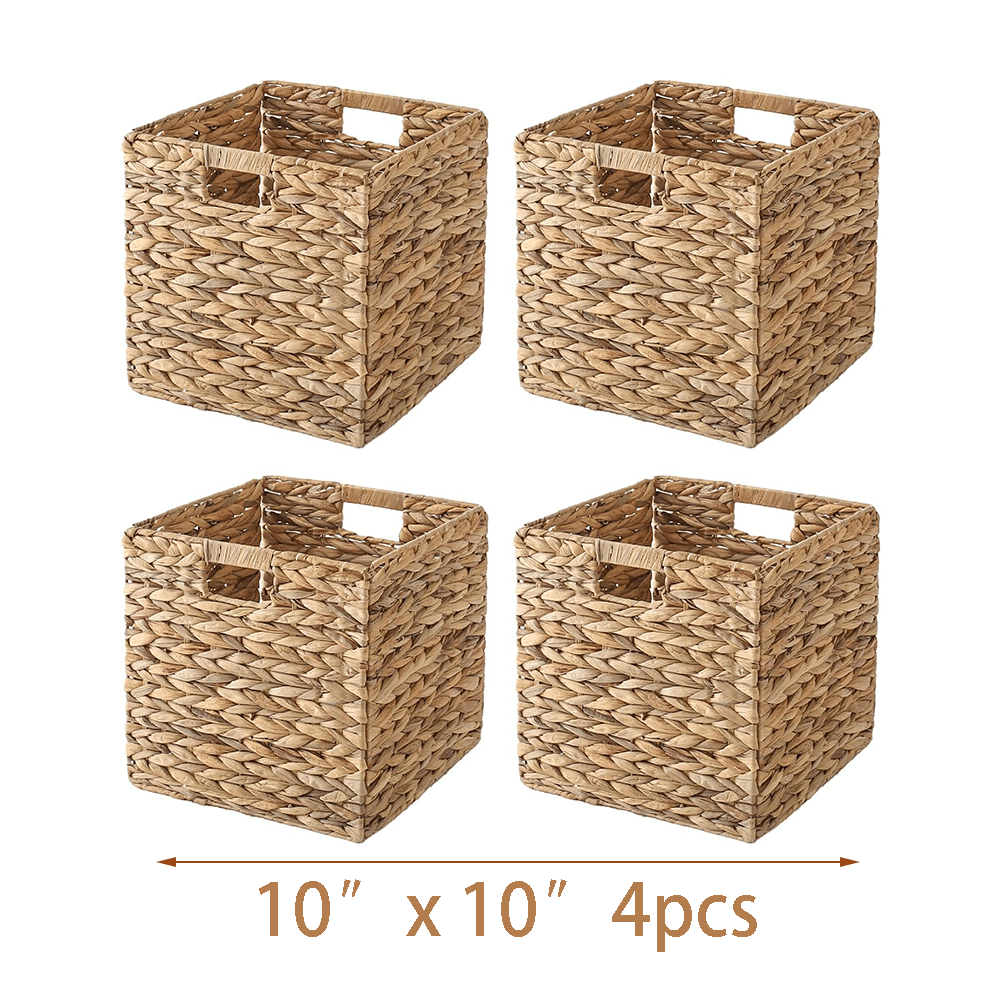 2pcs/4pcs Hyacinth Wicker Baskets Woven Baskets for Storage Baskets for Shelves Water Hyacinth Wicker Storage Basket Square Cub Natural Rattan Basket for Towels, S, Magazines and Kitchen Organizati, Shelf Baskets