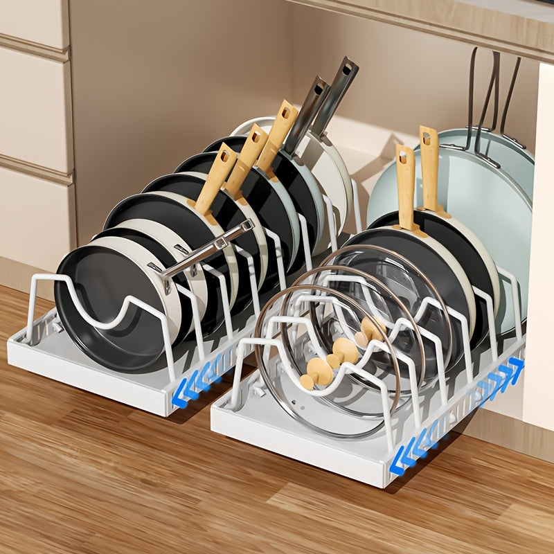 1/2pcs Pull-Out Pot And Pan Storage Box for Cabinets, Kitchen Sliding Lid Rack And Pan Holder, Cabinet Sliding Storage Box for Storing Lids, Baking Tools, And Plates, 8/16 Adjustable Dividers, Kitchen Decor And Accessories.