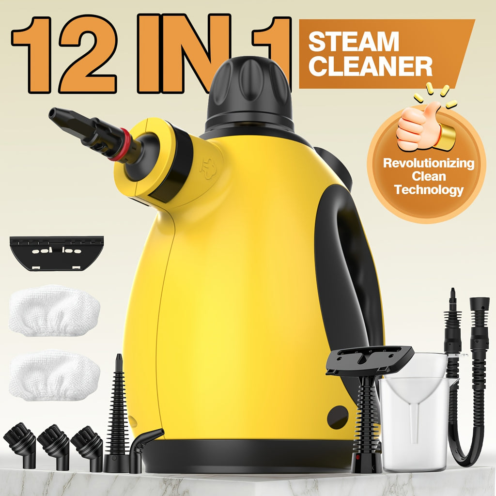 1pc 1050W Handheld Steam Cleaner | 12 Brush Heads, Fast Heat-Up, Chemical Free, Lightweight & Portable, Large 11.83oz Water Tank, Metal & Plastic, Plug, Safety Lock for Home, Car, Floor, Furniture