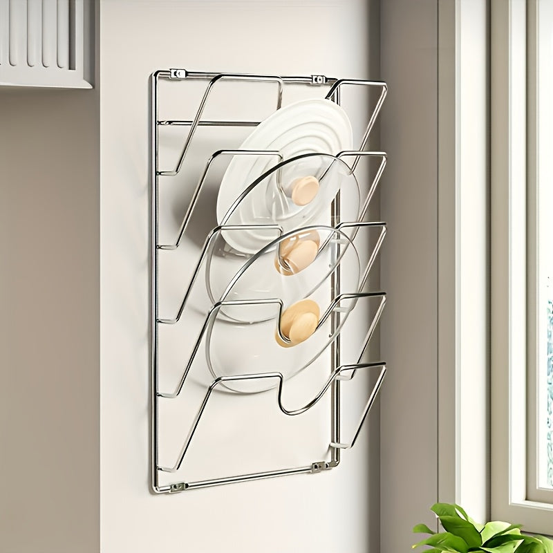 [1pc Hanging Pot Lid Organizer] 1pc Durable Metal Hanging Pot Lid Organizer, Multi-Tier Wall-Mounted Kitchen Storage Rack for Pots And Lids, Space-Saving Kitchen Accessory for Home And Restaurant Use