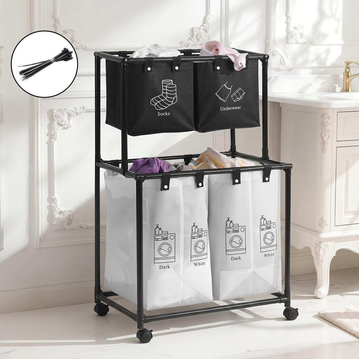 2 Compartment Laundry Hamper (No Wheels) - 2 Tier Laundry Sorter With Handles - Sturdy Metal Frame & Breathable Mesh Bags - Space Saving Clothes Organizer For Home, Apartment, Add 10 Cable Ties For Securing, Dirty Laundry Basket, Laundry Baskets
